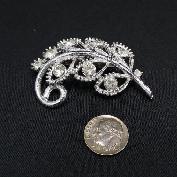 Vintage Silver Tone Clear Rhinestone Floral Spray Brooch, 2 Inches - Picture 4 of 5
